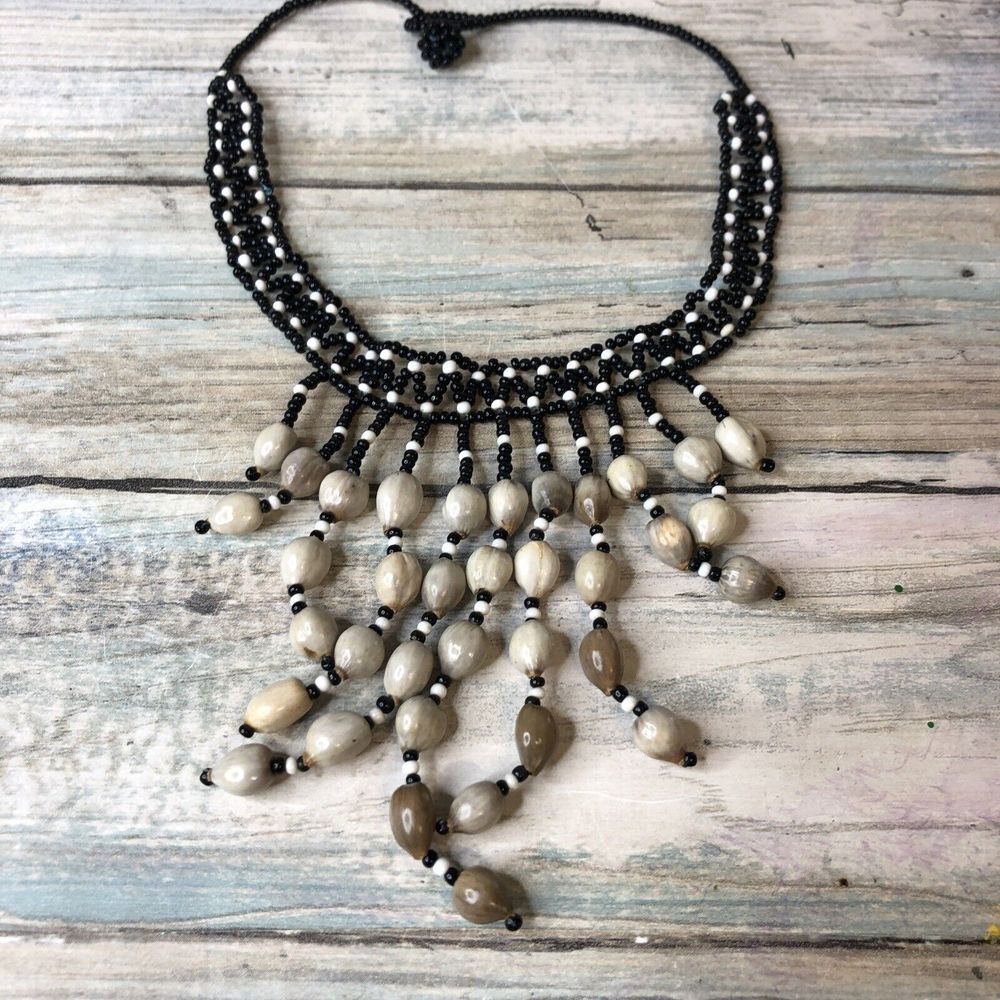 Dancing Sea Pearls Necklace (Caesalpina-Bondac Seeds) Beads‎ Black White Choker